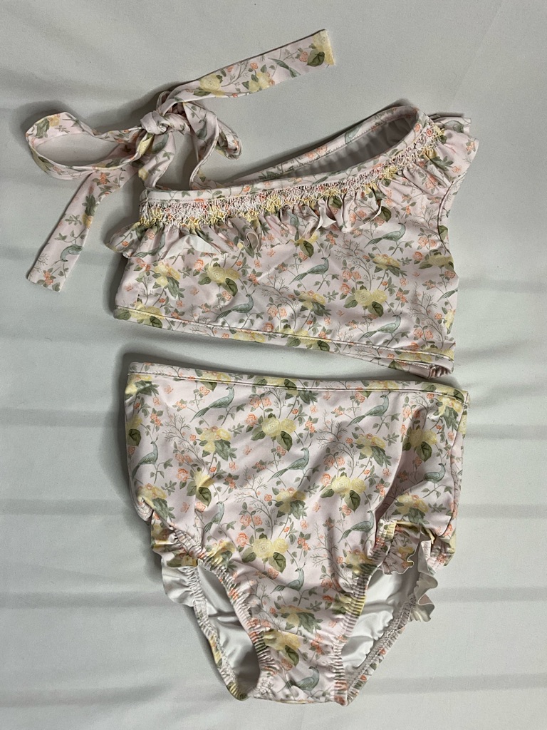 Floral One-Shoulder Kids Two Piece Swim Suit, Ruffled - Pink, Yellow, Green Sz 6